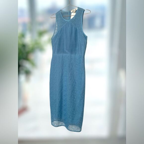 DIANE VON FURSTENBURG DVF Sleeveless Blue Mixed Lace Midi Sheath Dress Size 12 - Picture 9 of 16